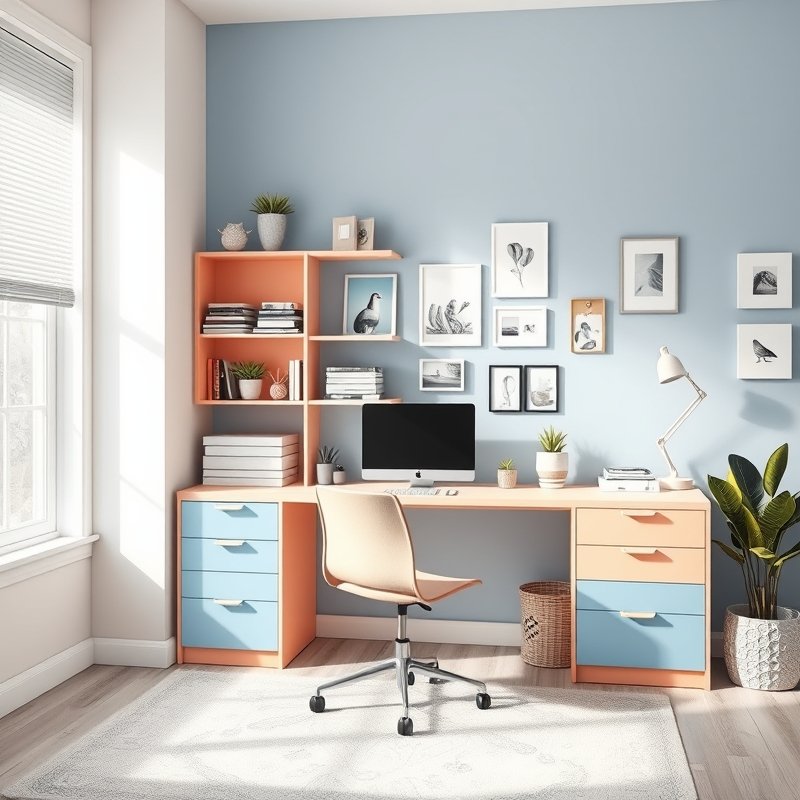 22 Teen Bedroom Ideas That Look Trendy, Cozy, and Pinterest Perfect Start Your Room Makeover 23 Color-blocked desk and shelves in peach and blue with coordinated accessories