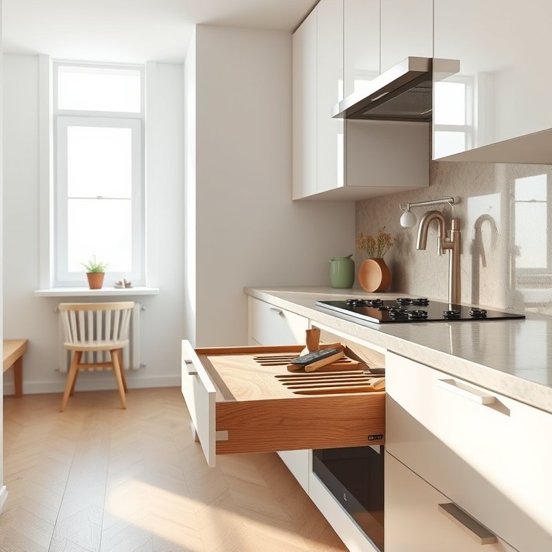 24 Kitchen Cabinets Ideas That Maximize Storage and Elevate Your Space Upgrade Your Kitchen Today 9 pull-out cutting board and knife block hidden inside a kitchen drawer