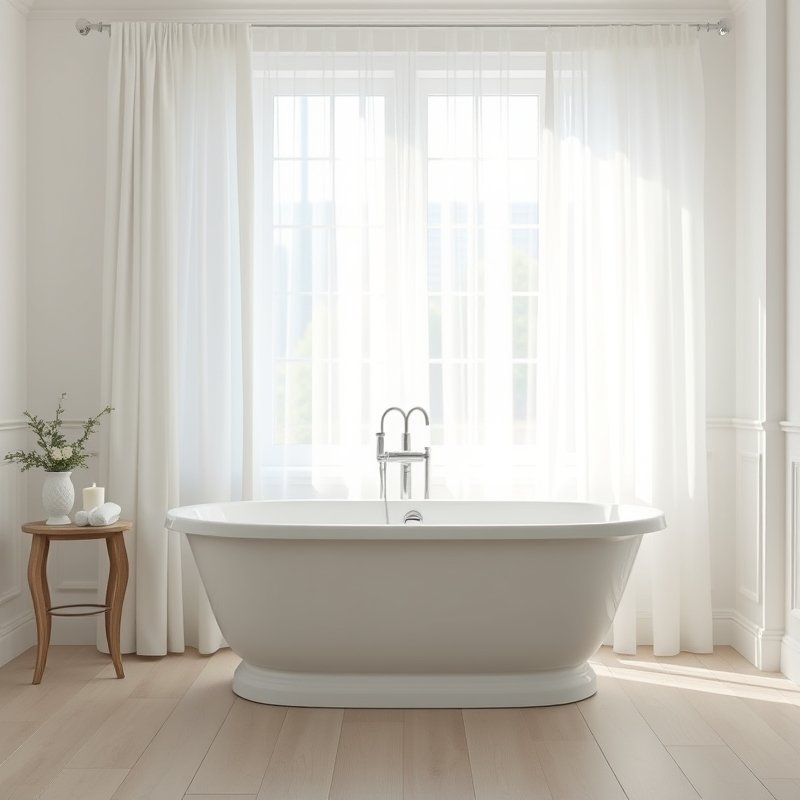 21 White Bathroom Ideas That Make Your Space Feel Clean, Bright, and Luxurious Start Today 8 oval white freestanding bathtub placed in front of a large window