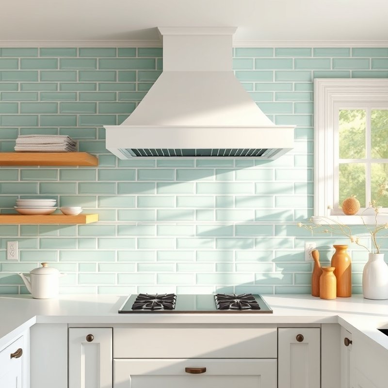 kitchen with glossy seafoam blue backsplash tiles from counter to ceiling