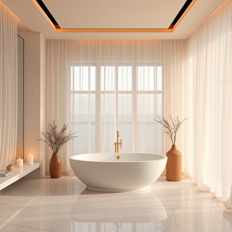 final overview of a calm luxury bathroom sanctuary with candles and soft light