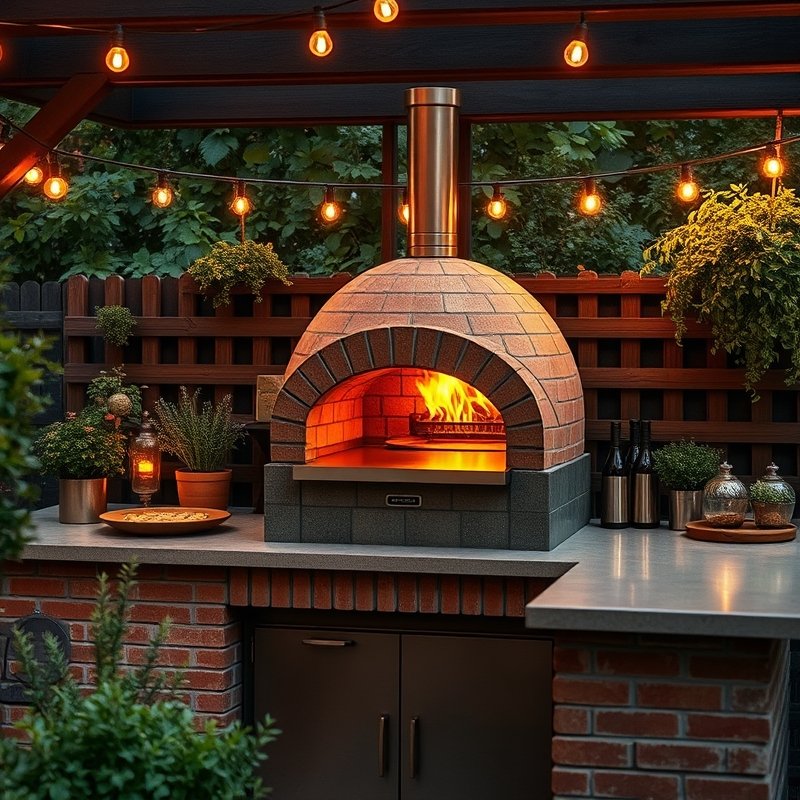 23 Kitchen Outdoor Ideas That Create the Perfect Backyard Cooking Space Start Designing Today 3 wood-fired pizza oven on brick counter with firewood storage in a garden nook