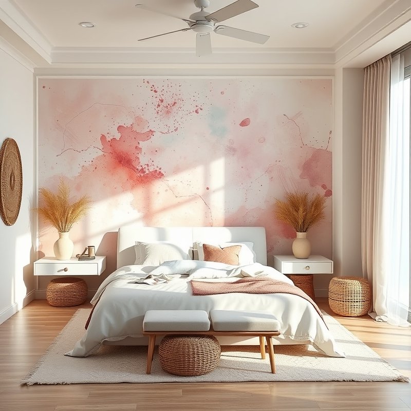 22 Teen Bedroom Ideas That Look Trendy, Cozy, and Pinterest Perfect Start Your Room Makeover 7 Abstract pastel wall mural with white furniture and rattan accents