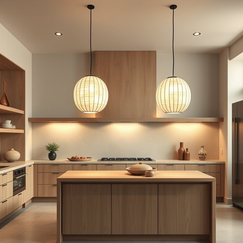 21 Japandi Kitchen Ideas That Blend Minimalist Style With Natural Calm Start Styling Now 11 two pendant lights with wood frames and rice paper shades above an island