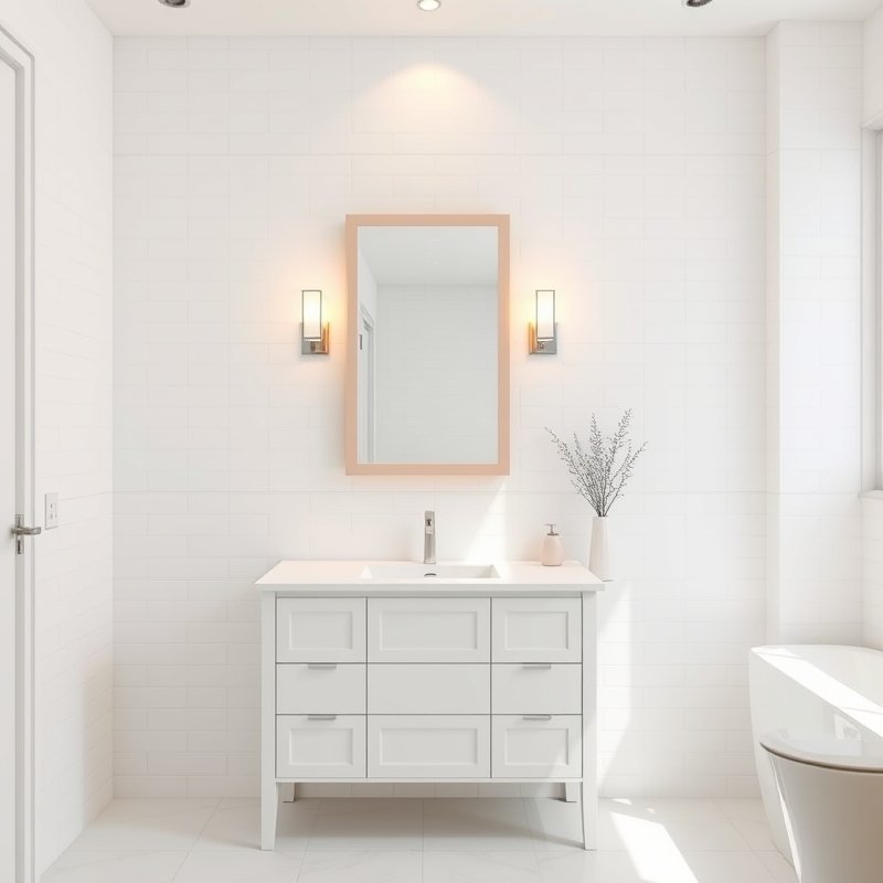 Small all-white bathroom with a blush pink mirror frame and brass sconces