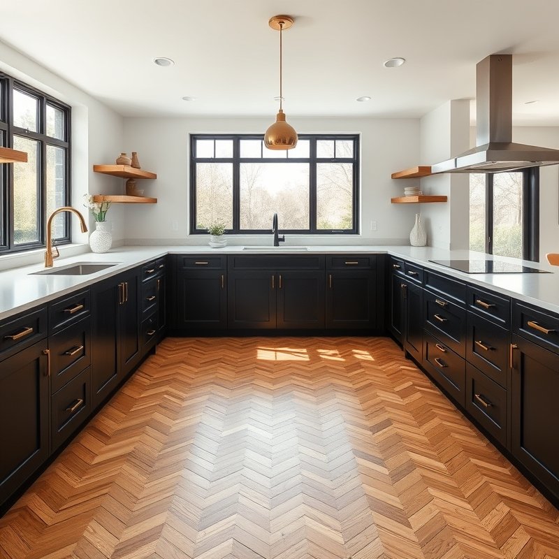 black kitchen with herringbone oak floor and white quartz countertops