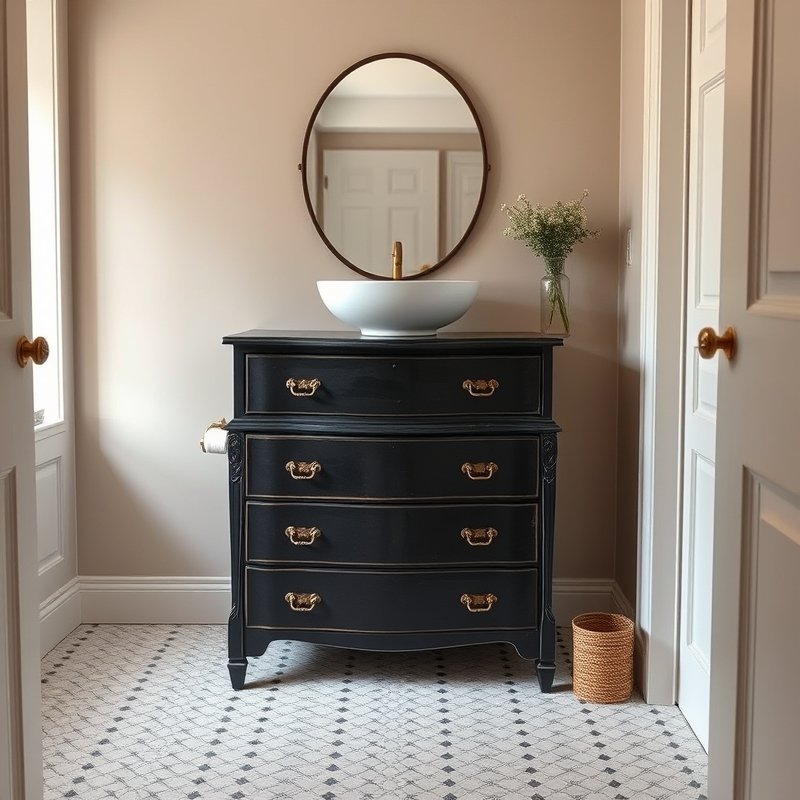 23 Black Bathroom Ideas That Look Bold, Modern, and Ultra Stylish Upgrade Your Space Today 19 bathroom vanity made from vintage black chest of drawers with vessel sink