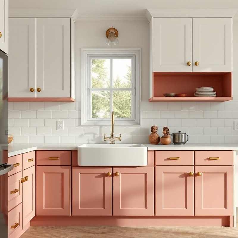 kitchen with dusty pink lower cabinets and white upper cabinets, brass handles