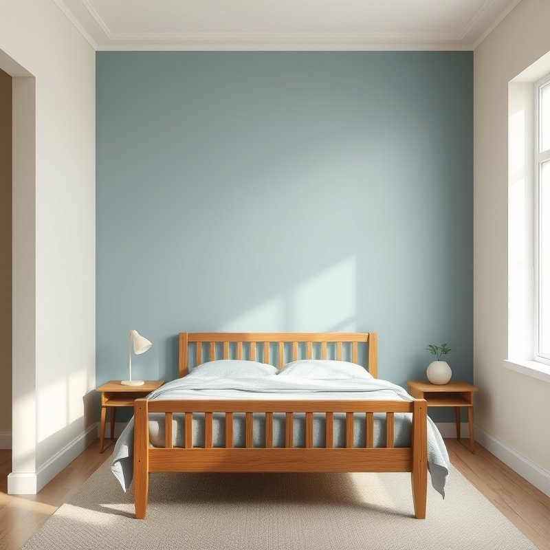 bedroom with soft blue-gray accent wall behind bed