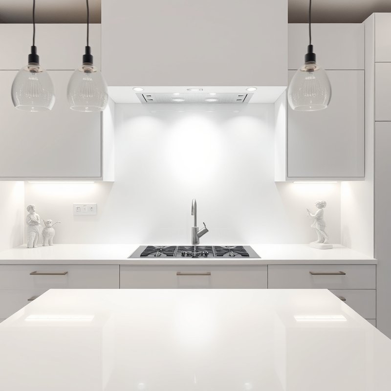 modern white kitchen with a glossy white lacquer backsplash panel, reflecting light from pendant fixtures and under-cabinet LEDs