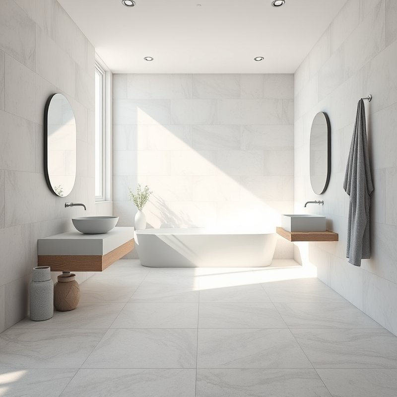 Small bathroom floor with large light gray tiles and matching wall tile behind vanity, few grout lines