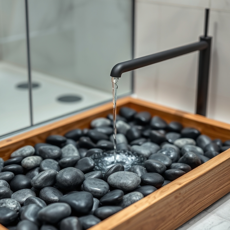 wooden tray with smooth pebbles for foot rinse