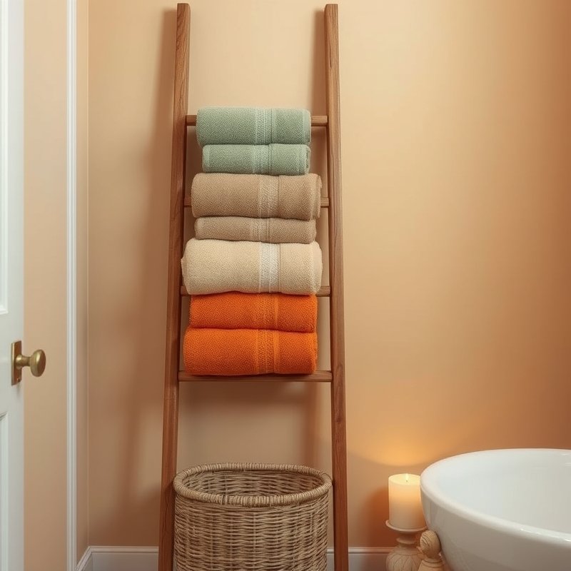 19 Cozy Bathroom Ideas That Make Your Space Feel Warm, Relaxing, and Inviting Try These Today 7 a wooden ladder shelf holding rolled towels in sage, oatmeal, and terracotta
