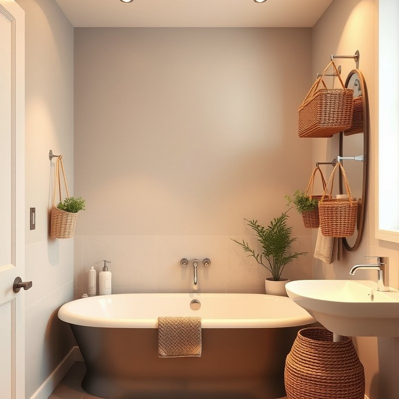 Narrow bathroom with woven baskets hung on the wall holding rolled white towels