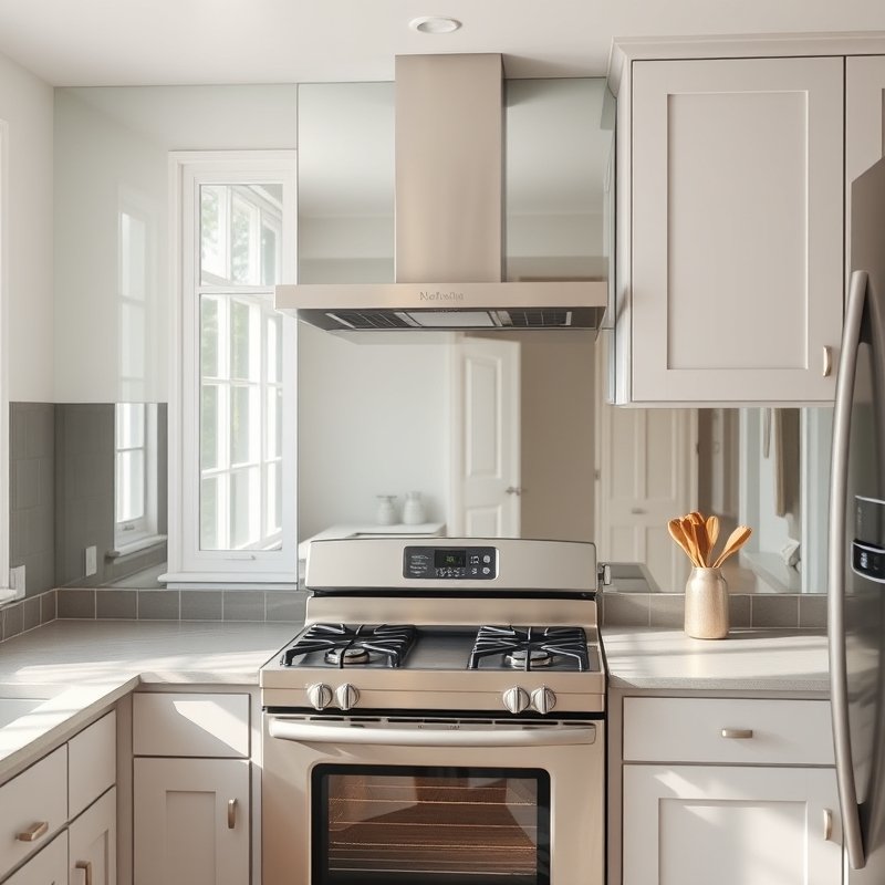 kitchen with mirror backsplash behind stove reflecting light and room