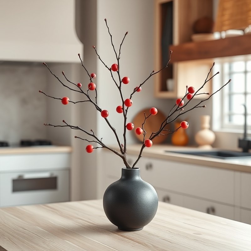 21 Japandi Kitchen Ideas That Blend Minimalist Style With Natural Calm Start Styling Now 20 large matte charcoal vase with a sculptural bare branch on a wooden dining table