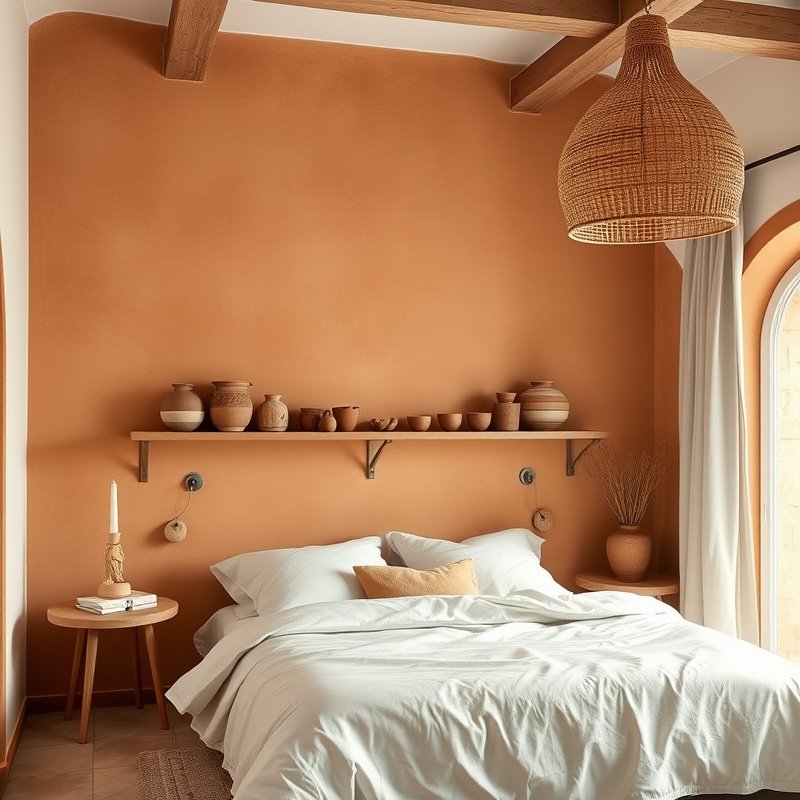 boho bedroom with warm terracotta wall, clay vases and cream bedding
