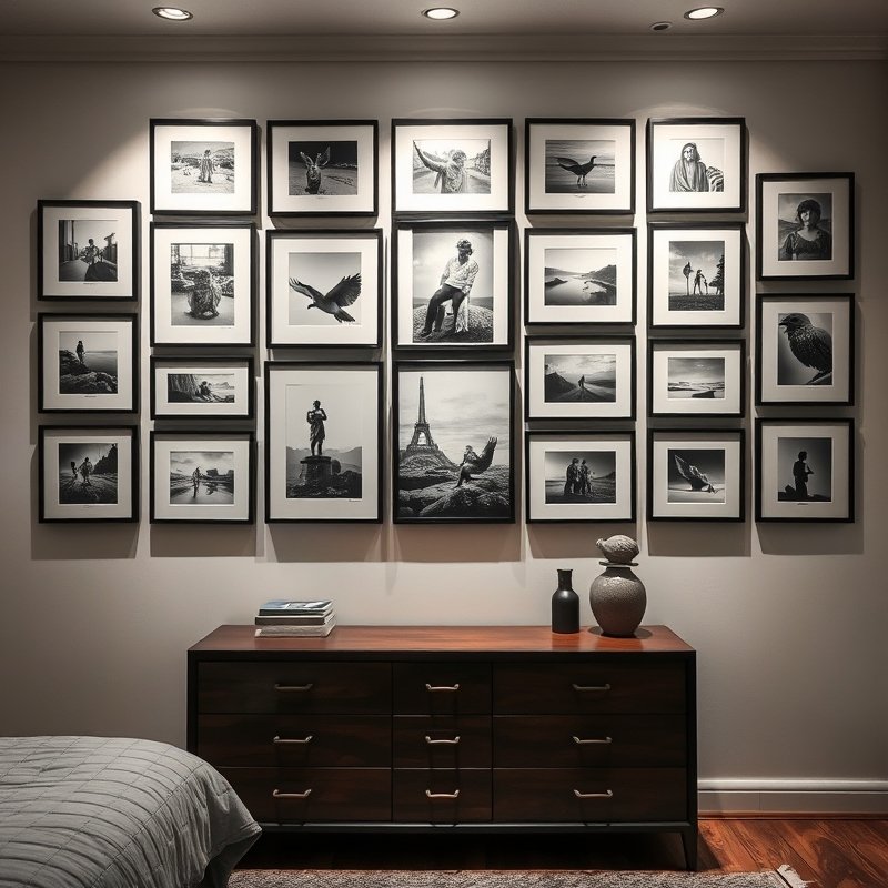 20 Bedroom Ideas for Men 2026 That Look Modern, Clean, and Ultra Stylish Upgrade Your Space 13 bedroom gallery wall with black and white framed photos