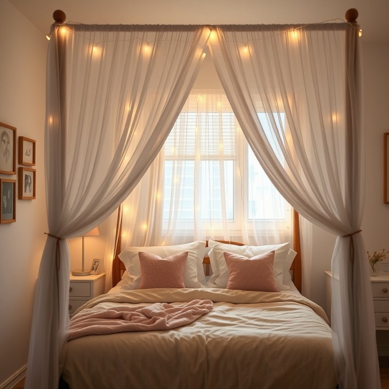 21 Teen Girl Bedroom Ideas 2026 That Create a Cute, Aesthetic, and Trendy Dream Room You’ll Love These 4 Canopy bed with sheer white curtains and warm fairy lights in a cozy room