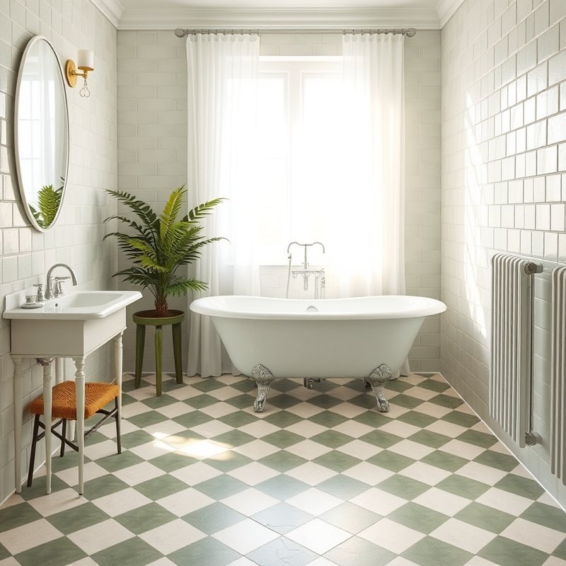 19 Green Tile Bathroom Ideas That Bring Fresh Nature Vibes and Texture Try This Look Now 10 checkerboard sage and cream tile bathroom floor