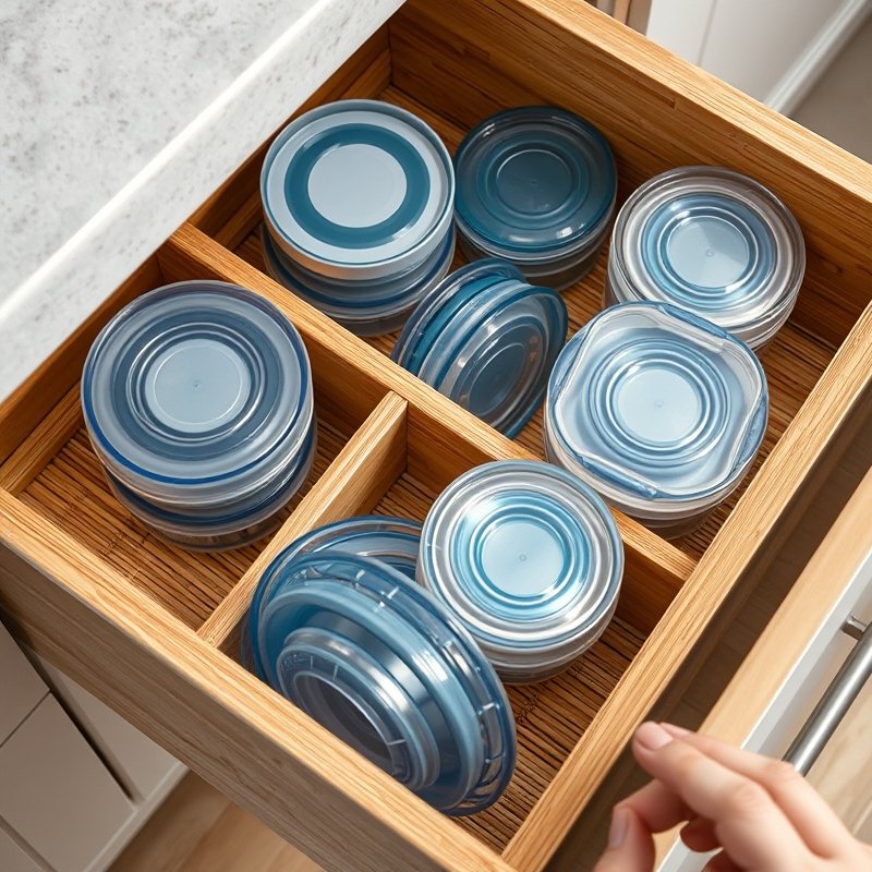 21 Kitchen Organization Ideas That Declutter Your Space and Make Cooking Easier Try These Now 17 kitchen drawer with adjustable dividers holding plastic container lids upright and containers nested
