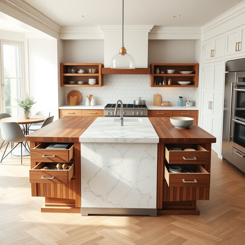 22 Island Kitchen Ideas That Add Style, Storage, and Function Upgrade Your Space Today 15 kitchen island with inset marble slab for baking, wooden rolling pin nearby