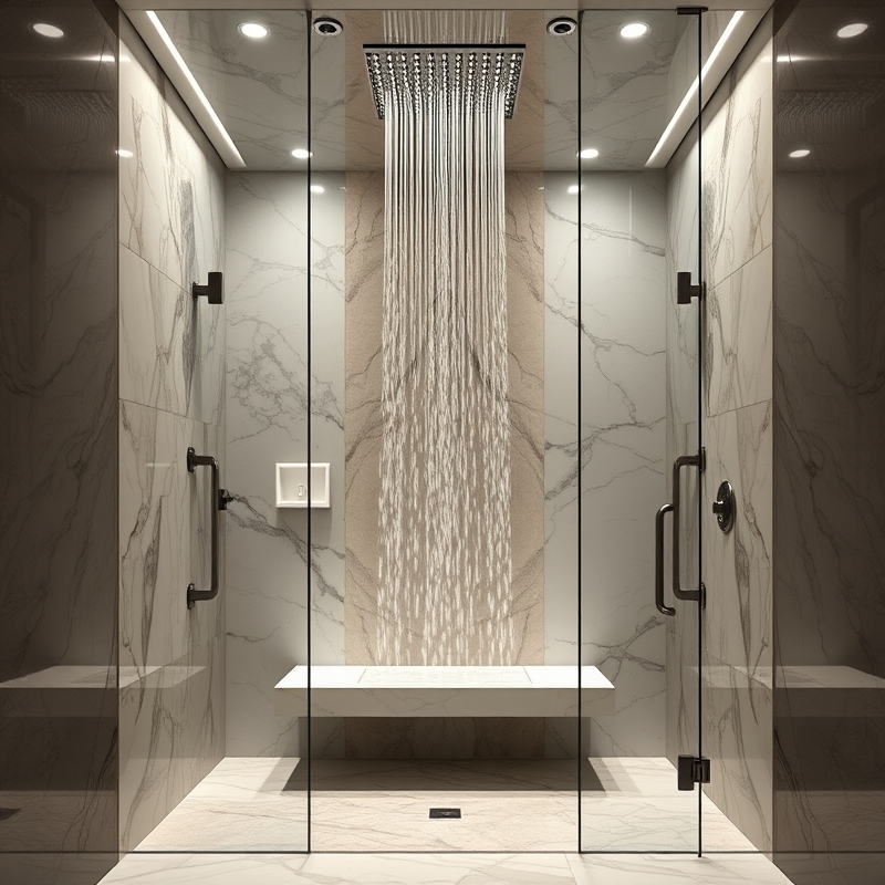 luxury steam shower with large rainfall head and marble bench