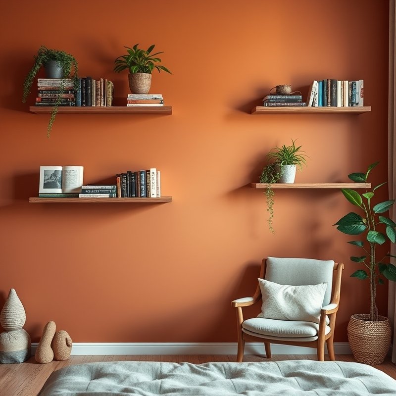 22 Teen Bedroom Ideas That Look Trendy, Cozy, and Pinterest Perfect Start Your Room Makeover 9 Shelfie corner with floating ledges, books, plants, and terracotta accent wall