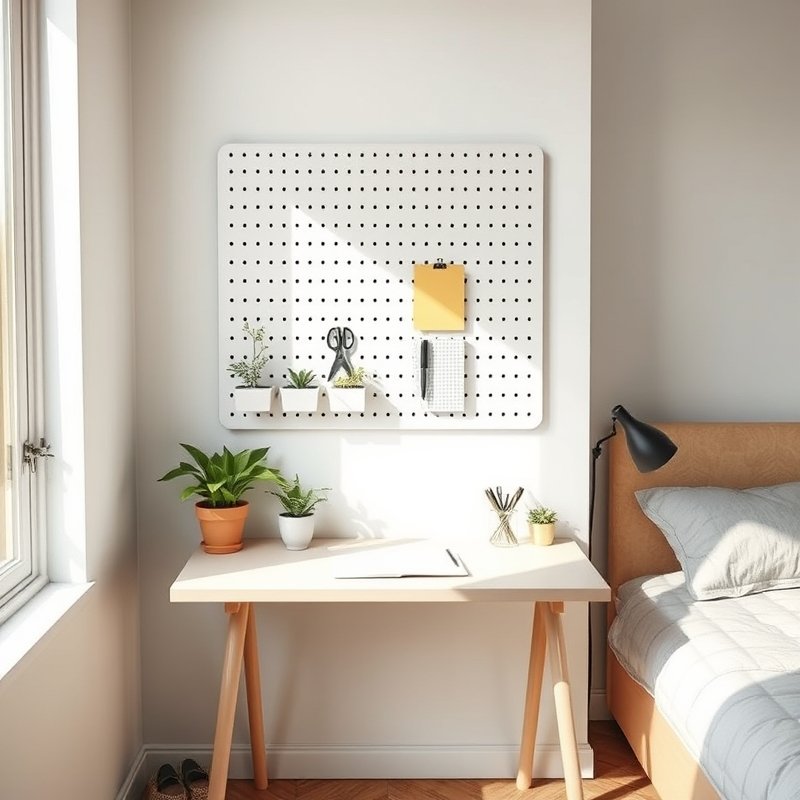 pegboard organizer above desk in small bedroom