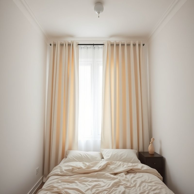 small bedroom with ceiling-height curtains making window feel grand