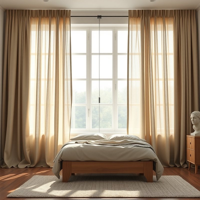 21 Japandi Bedroom Ideas That Blend Minimalist Calm With Warm Natural Beauty You Must Try 13 Floor-length unbleached linen curtains framing a window in a soft Japandi bedroom