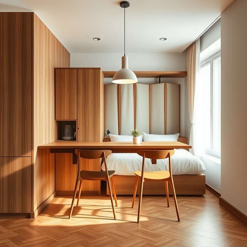 18 Living Room and Bedroom Combo Ideas That Save Space Without Sacrificing Style Try These Now 11 wooden wall mounted table folded down with two chairs in a studio
