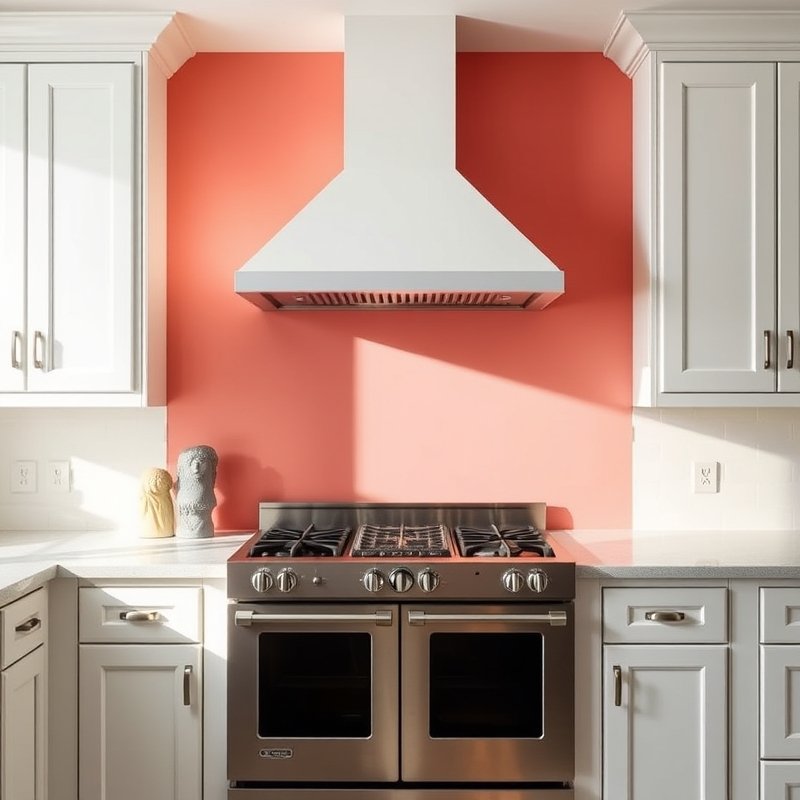 kitchen with coral pink painted wall behind a stainless steel range and hood