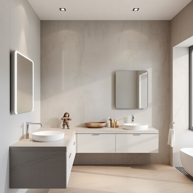 Modern bathroom vanity with smooth flat white cabinet doors, push-to-open, clean design