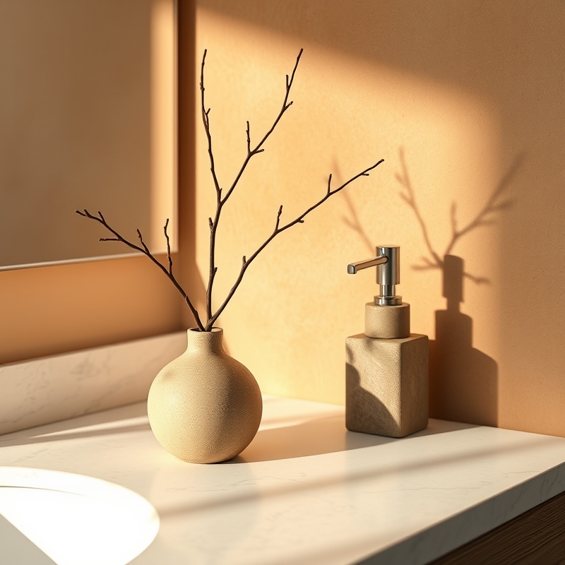 single curved branch in a handmade ceramic vase on a vanity