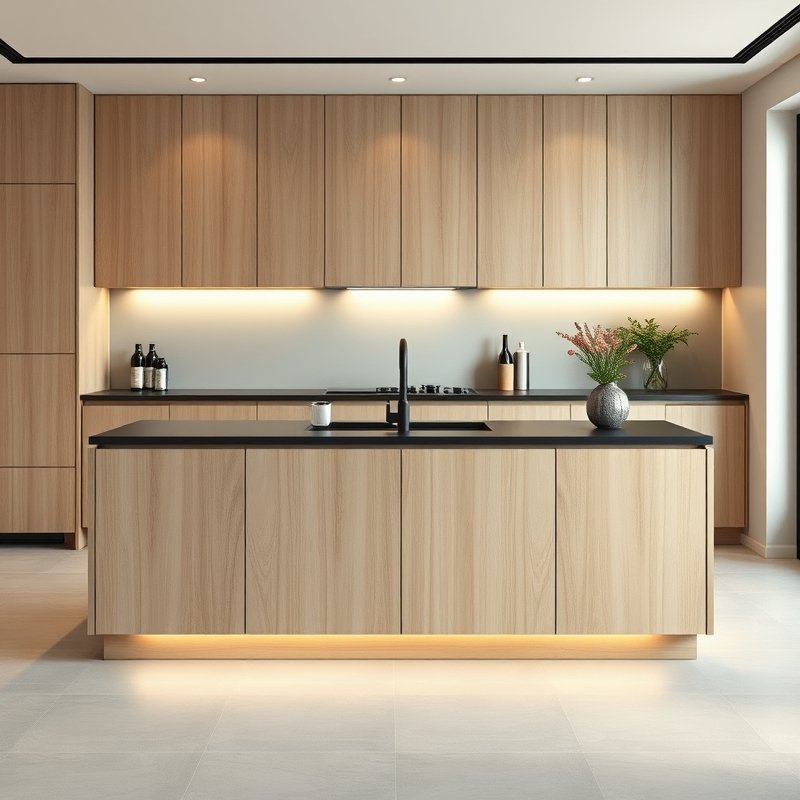 22 Island Kitchen Ideas That Add Style, Storage, and Function Upgrade Your Space Today 22 minimalist wood kitchen island with hidden LED toe kick lighting glowing
