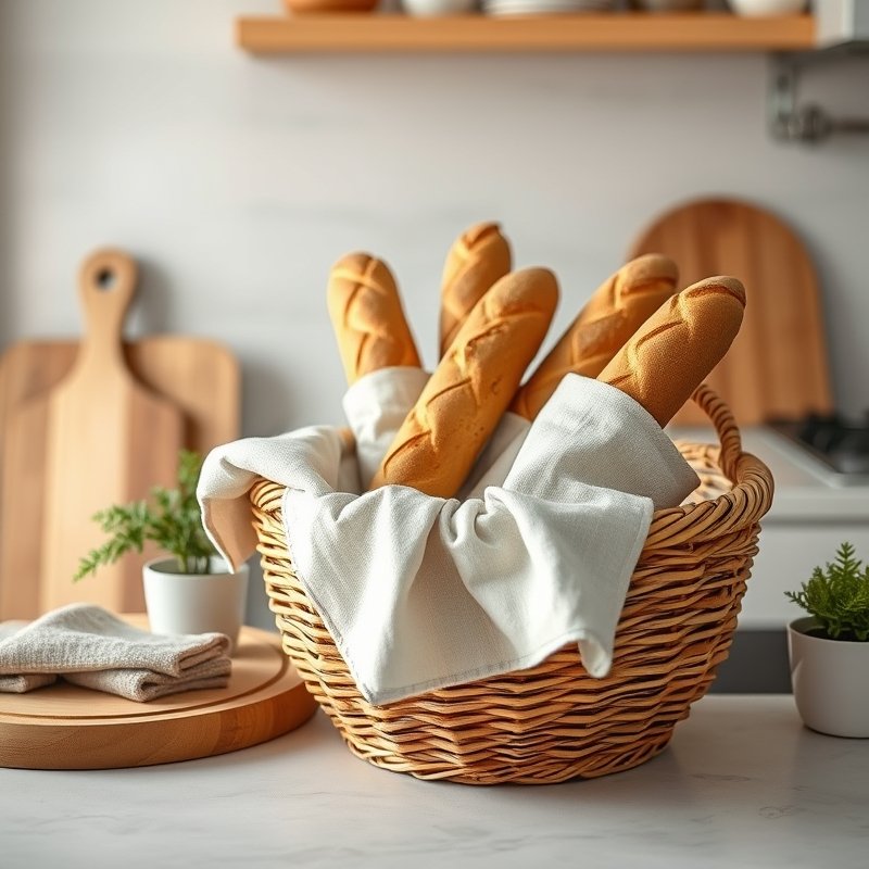 Round wicker bread basket with a linen cloth on kitchen counter