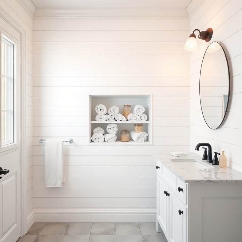 21 White Bathroom Ideas That Make Your Space Feel Clean, Bright, and Luxurious Start Today 9 bathroom with white shiplap walls and recessed storage niche