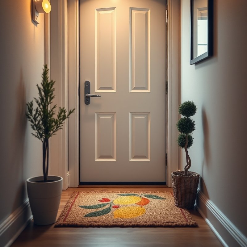 bright coir doormat with a floral or lemon pattern outside an apartment door