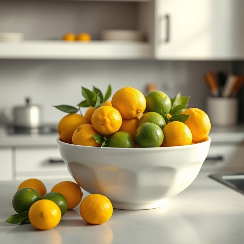 wide ceramic bowl filled with bright lemons and limes on a kitchen counter