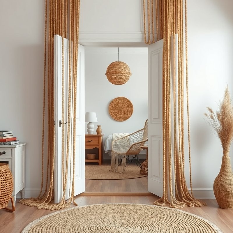 boho bedroom doorway with long wooden beaded curtains and potted plant