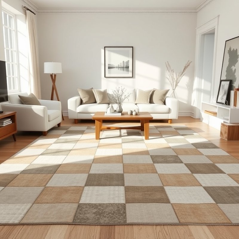 21 Living Room Ideas 2026 That Bring Fresh Trends and Modern Style Into Your Home Stay Ahead Now 9 Large checkerboard rug in soft oat and warm taupe under living room furniture
