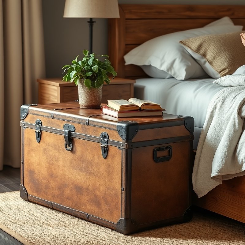 bedroom with a stacked vintage leather trunk used as a nightstand beside a boho bed
