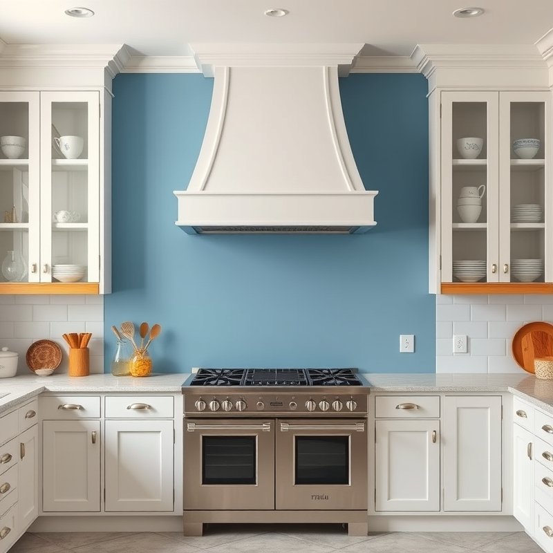 kitchen with cornflower blue painted wall behind a white range and hood