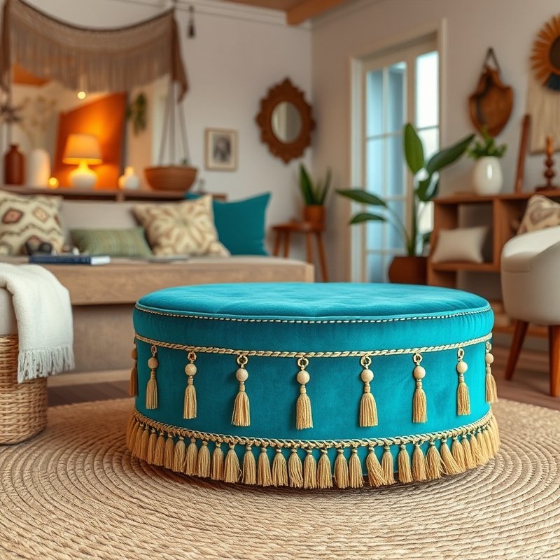 19 Colorful Living Room Ideas 2026 That Add Bold Personality and Happy Vibes Try This Look 13 turquoise velvet ottoman with tassel trim in cozy living room
