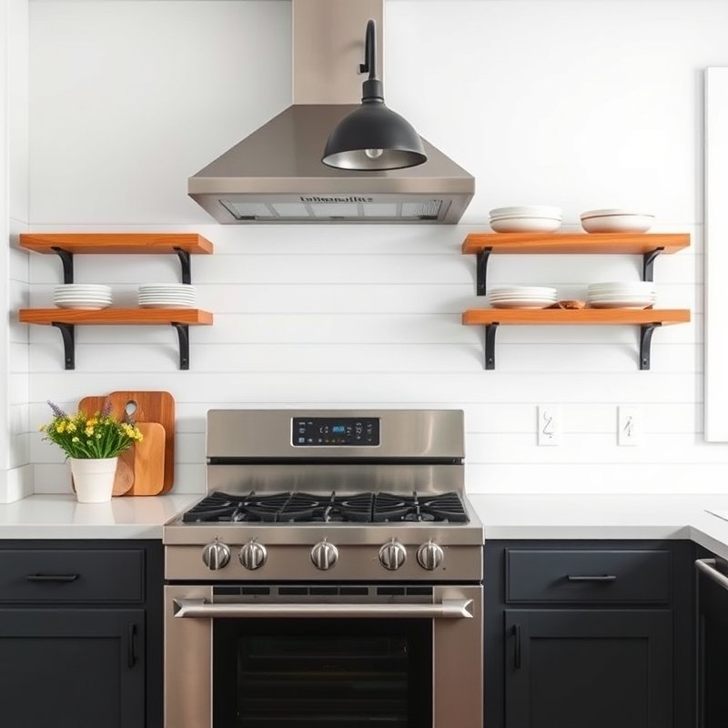 21 Modern Farmhouse Kitchen Ideas That Blend Rustic Charm With Modern Style Get Inspired Now 2 white shiplap backsplash behind a stove with open shelves