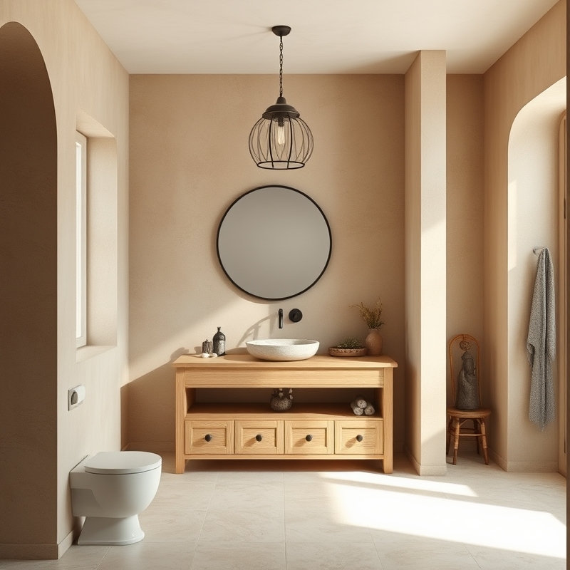 bathroom with warm clay-toned painted walls and wooden vanity