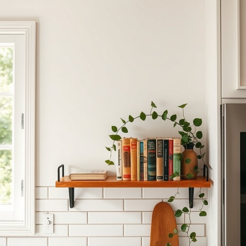 19 Cozy Kitchen Ideas That Make Your Space Feel Warm and Inviting You Must Try These 17 stack of vintage cookbooks on a low kitchen shelf with a small plant