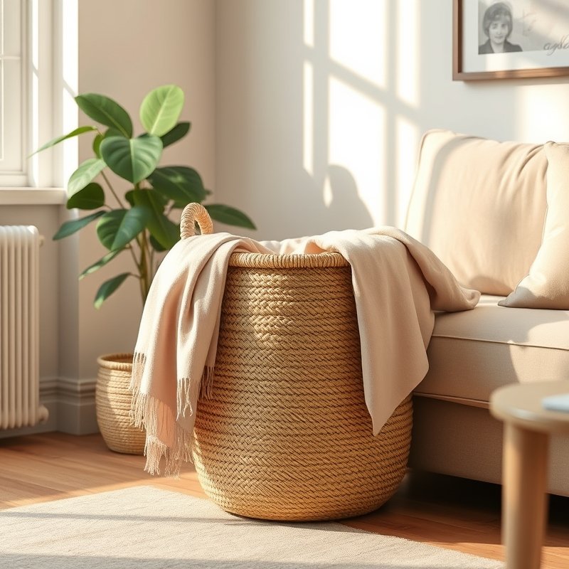 woven seagrass basket holding a folded pastel throw next to a sofa