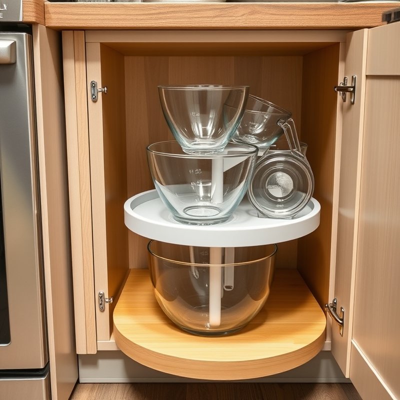 corner base cabinet with rotating pull-out holding stacked mixing bowls